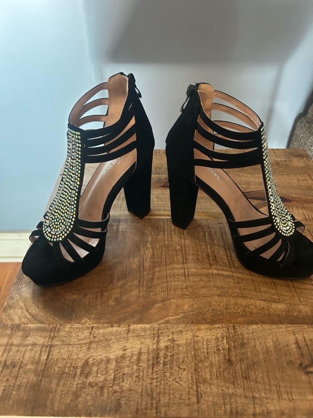 Makeup Forever Black Crystal T-Strap Block Heels